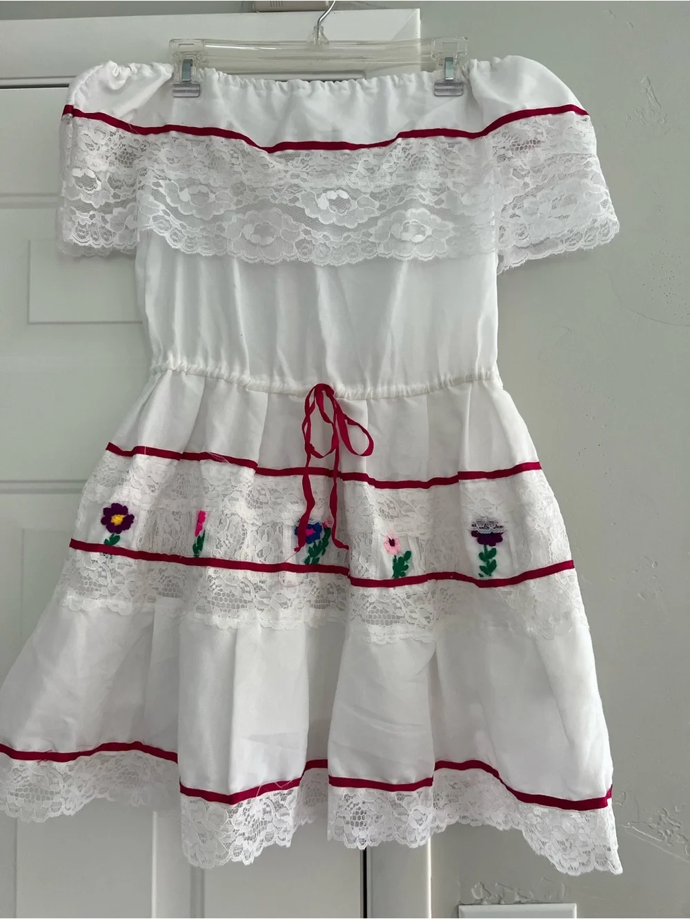White Off-Shoulder Kids Dress with Red Trim and Floral Embroidery
